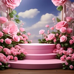 Fototapeta na wymiar Podium background flower rose product pink 3d spring table beauty stand display nature white, Ai Generated