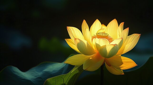 Beautiful yellow lotus flower gracefully poised on dark background. Generated AI image
