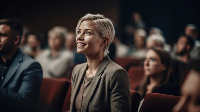 pretty blonde woman with short hair at a conference with many people sitting in seats. Created with AI.