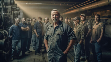 Group of male factory workers, focus on mature man. Created with AI.