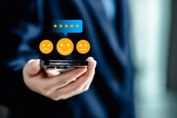 User customer review evaluates satisfaction with a product or service, Customers give a rating to service experience on the online application, Customer review satisfaction feedback survey concept.