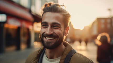 Handsome smiling tourist man in the city at sunset. Created with AI.