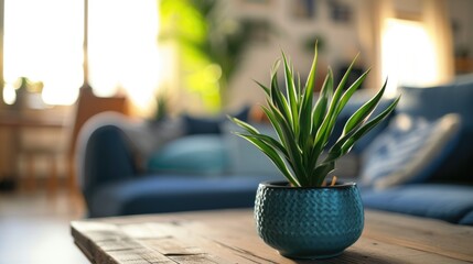 Houseplant in Blue Pot on Wooden Table