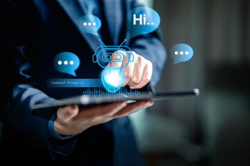 Women using chatbot applications on smartphones, AI, Chat Artificial Intelligence assistant conversation online support marketing, AI generates machine robot automation, Futuristic technology.