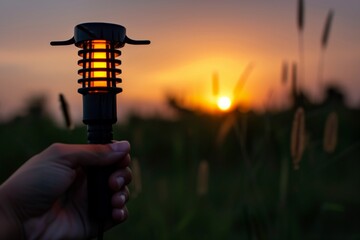 hand holding a uv light mosquito attractor at dusk - obrazy, fototapety, plakaty