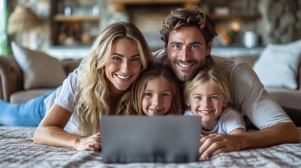 Using a laptop while lying on the couch is a happy family