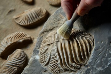individual polishing a trilobite fossil with a soft brush - obrazy, fototapety, plakaty