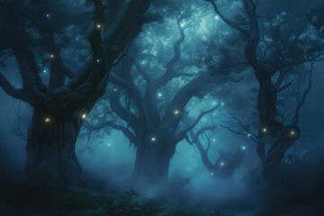 Fototapeta na wymiar Glowing Whispers: Eerie Nightfall in the Mystic Woodland