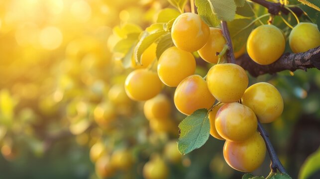 Harvest of ripe yellow plums on a branch in the garden, agribusiness business concept, organic healthy food and non-GMO fruits