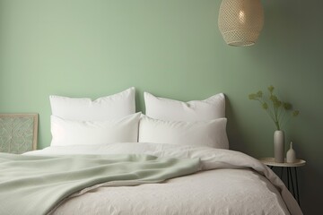 a mockup of a white bed with a pastel green background, a white pillow cover, a white bed sheet, and a white blanket