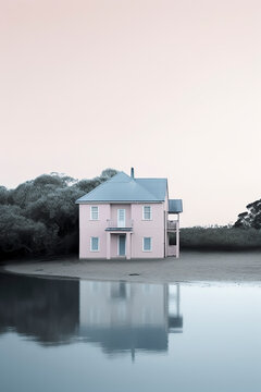 a pink two-story house with balconies, reflected in calm water, surrounded by dark trees under a soft sky, ai generative