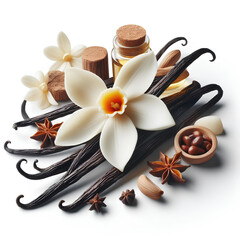 spice vanilla flower and sticks on white background