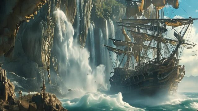 Sailing ship in a bay where a huge waterfall falls, fantasy style 