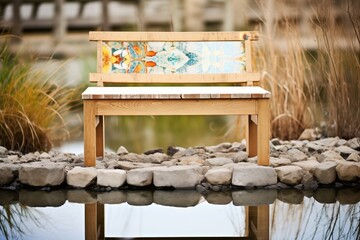 Obraz premium a wooden bench at the edge of a pond showing reflections