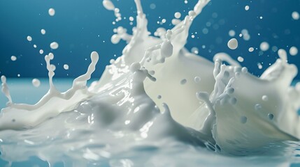 Authentic milk splatter spattering into pool of milk against a blue backdrop.