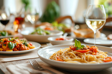 Gluten-Free Pasta Dishes on an Elegant Dining Table - obrazy, fototapety, plakaty