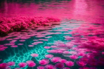 Construct a fantasy realm: pink aqua sea, sunlight shadows, transparent depths, and flourishing flowers mesmerize inhabitants