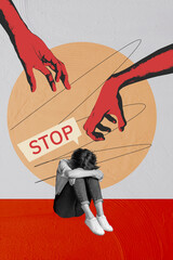 Vertical collage young depressed victim woman suffer harassment domestic assault force domination...