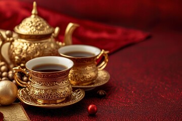 Obraz na płótnie Canvas arabic coffee with golden dallah on a dark red
