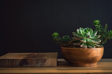 With potted succulent plants, a wooden base, and a green background