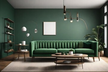 Modern living room with a green sofa and coffee table against a dark wall