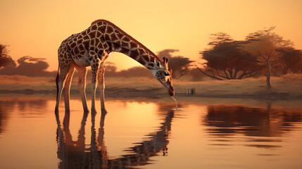 giraffe in ocean at sunset - Powered by Adobe