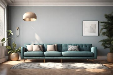 a 3D rendering of a modern living room interior featuring a sofa and furniture