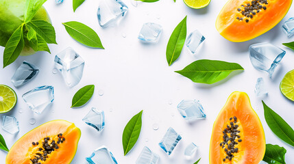 Top view of a fresh papaya slices, lime wedges, and green leaves surrounded by melting ice cubes on a wet white surface. Fresh and cool theme. - Powered by Adobe
