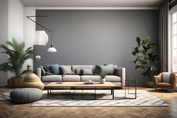 Modern living room with grey walls, featuring a sofa in the center of an open space adorned with a wooden coffee table