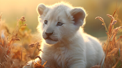  beautiful white lion cub in the field