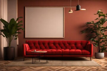 an image using AI that depicts a simple room with a red sofa, a table, plants, a brown wall, and a blank poster