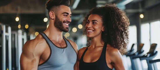 Portrait Happy couple doing gym in a sports training center. Generated AI image - obrazy, fototapety, plakaty