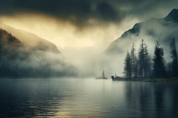 massive mist above a lake. Generative AI