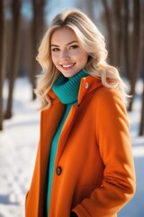 Obraz premium Young woman stay in park at sunny frosty day, enjoying winter moments and nature, wearing winter orange coat. Generative AI