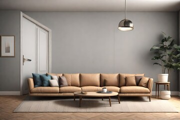 Light brown three seater leather sofa, with high quality texture and a clean background including a metal legs coffee table