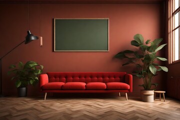  A photo of a large dark red sofa in front of a wall with a green chalkboard, wooden floor and a plant on the right side
