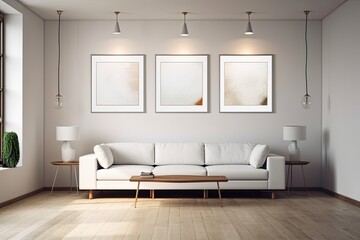 Modern white sofa in white empty room. On the wall, three empty mockup canvases. Design template. Concept for a presentation. White wall with a shadow on it. Parquet