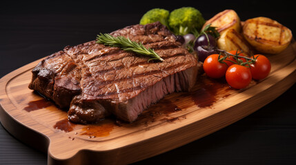 Tasty steak on wooden plate. Steak with potato and tomatoes on dark table - Powered by Adobe