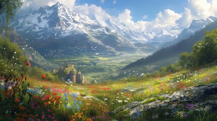Fototapeta na wymiar Beautiful spring landscape with flowers and church in the mountains. Digital painting