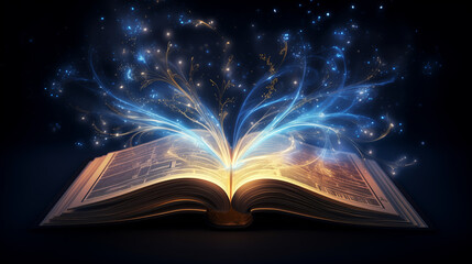 Magic book on dark background. Magic book with sparkling light