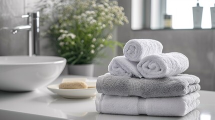 Fototapeta na wymiar Pile of towels on a pristine table in a luxurious bathroom setting.