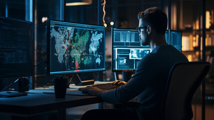 Man working at computer at night. Programmer seating at monitor - obrazy, fototapety, plakaty