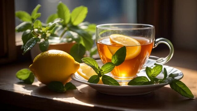 Hot tea with lemon, mint in the kitchen