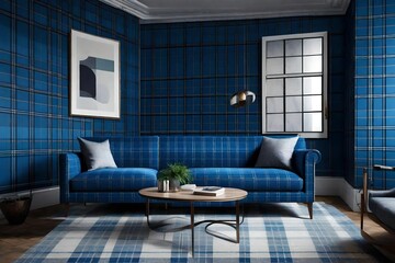 a blue tartan upholstered sofa with matching blue tartan cushions, situated against a blue paneled wall in an interior room design mock-up - obrazy, fototapety, plakaty