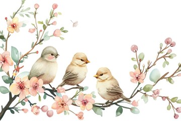 Pastel Birds and Spring Flowers Watercolor. A serene watercolor scene with pastel birds and springtime flower blooms.