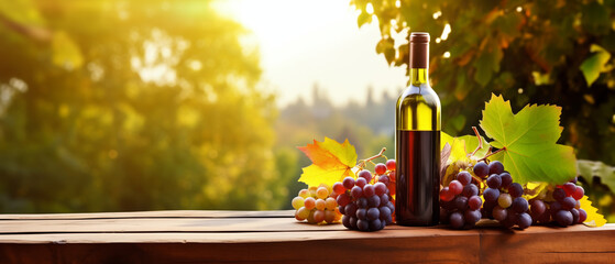 Wine bottle with grapes on wooden table outdoor. Bottle of with with grapes on table with sunny background