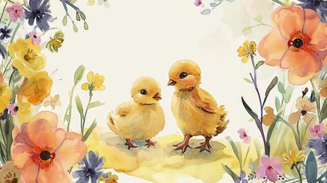 Chicks Border with Floral Frame. Chicks in a watercolor floral frame border.