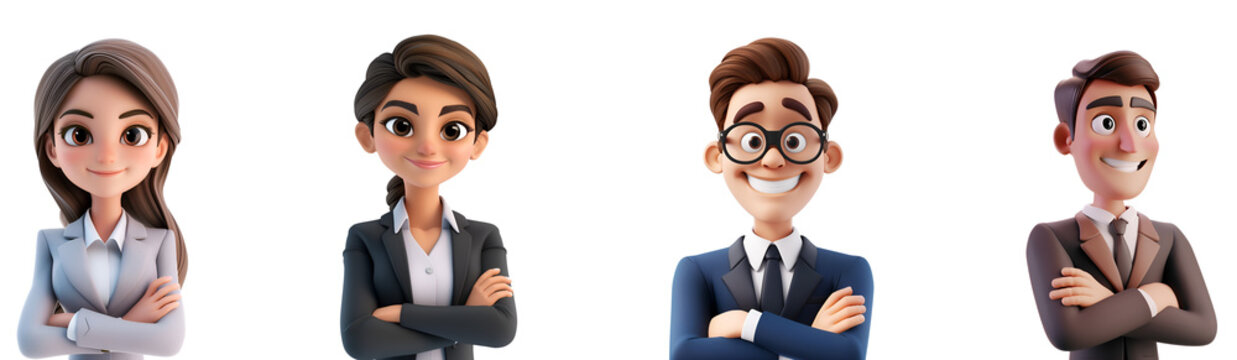 3D Cartoon Render Illustration of Business People Set: Businesswoman and Businessman with Arms Crossed, Isolated on Transparent Background, PNG
