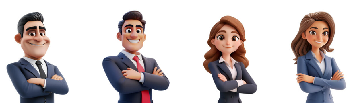 Business People Set in 3D: Businesswoman and Businessman with Arms Crossed, Cartoon Render Illustration, Isolated on Transparent Background, PNG