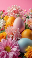 Fototapeta na wymiar Pastel Easter Eggs Amidst Spring Florals. Soft pastel Easter eggs surrounded by a vibrant array of spring flowers on pink.